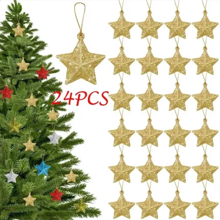 Gold Glitter Star Ornaments Christmas Tree Hanging Pendant Decorations for Home Navidad Year Party DIY Gift 240716