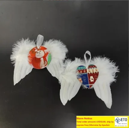 Heat Transfer Angel Wings Christmas Decoration Feathers Pendant Round And Heart Doublelayer DIY Christmas Tree Hanging Tag